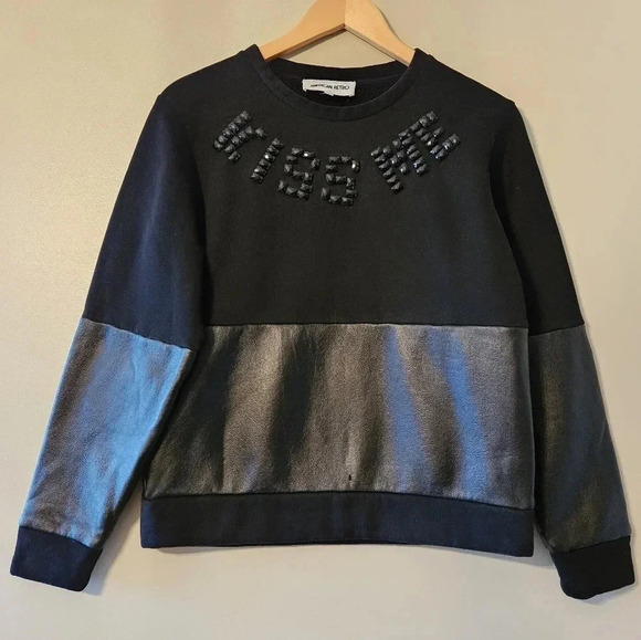 American Retro Kiss  Me Crewneck Oversized Faux Leather Casual Sweater Black. - Picture 2 of 11